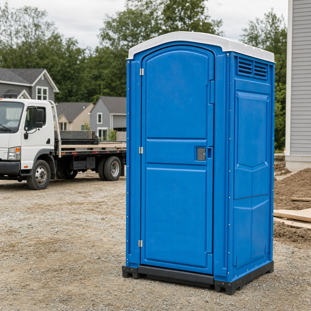 Delivery driver positioning a clean royal-blue portable toilet on level ground at a Oceanside worksite