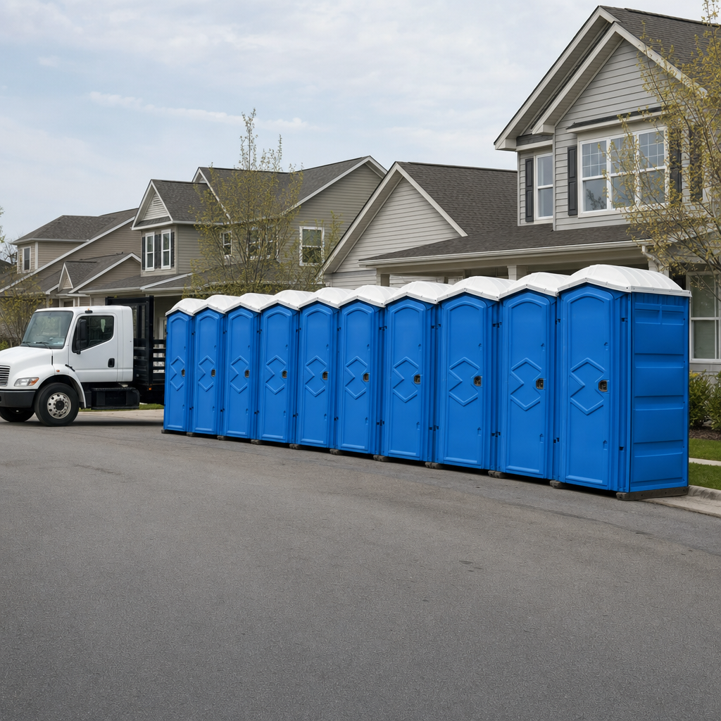 Royal blue portable toilets staged in a tidy row at a Oceanside jobsite, ready for delivery